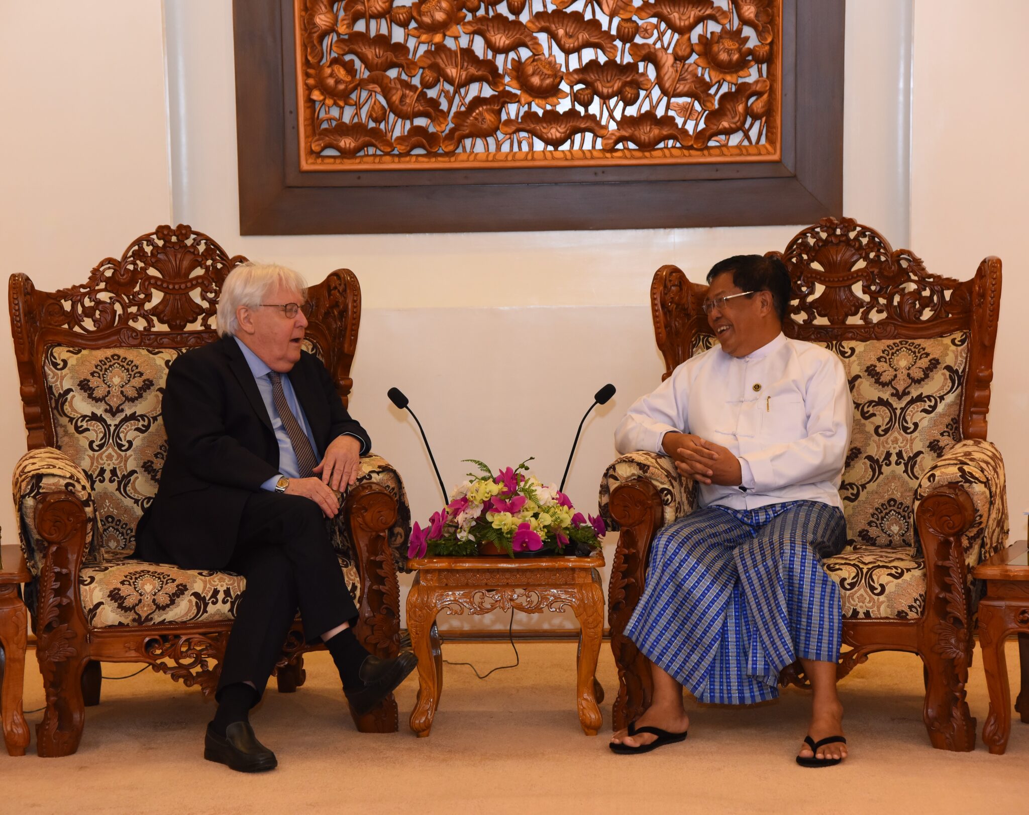 U Than Swe, Deputy Prime Minister and Union Minister for Foreign Affairs receives the delegation led by Mr. Martin Griffiths, Under-Secretary-General for Humanitarian Affairs and Emergency Relief Coordinator-the United Nations Office for the Coordination of Humanitarian Affairs (UNOCHA)(15 August2023)