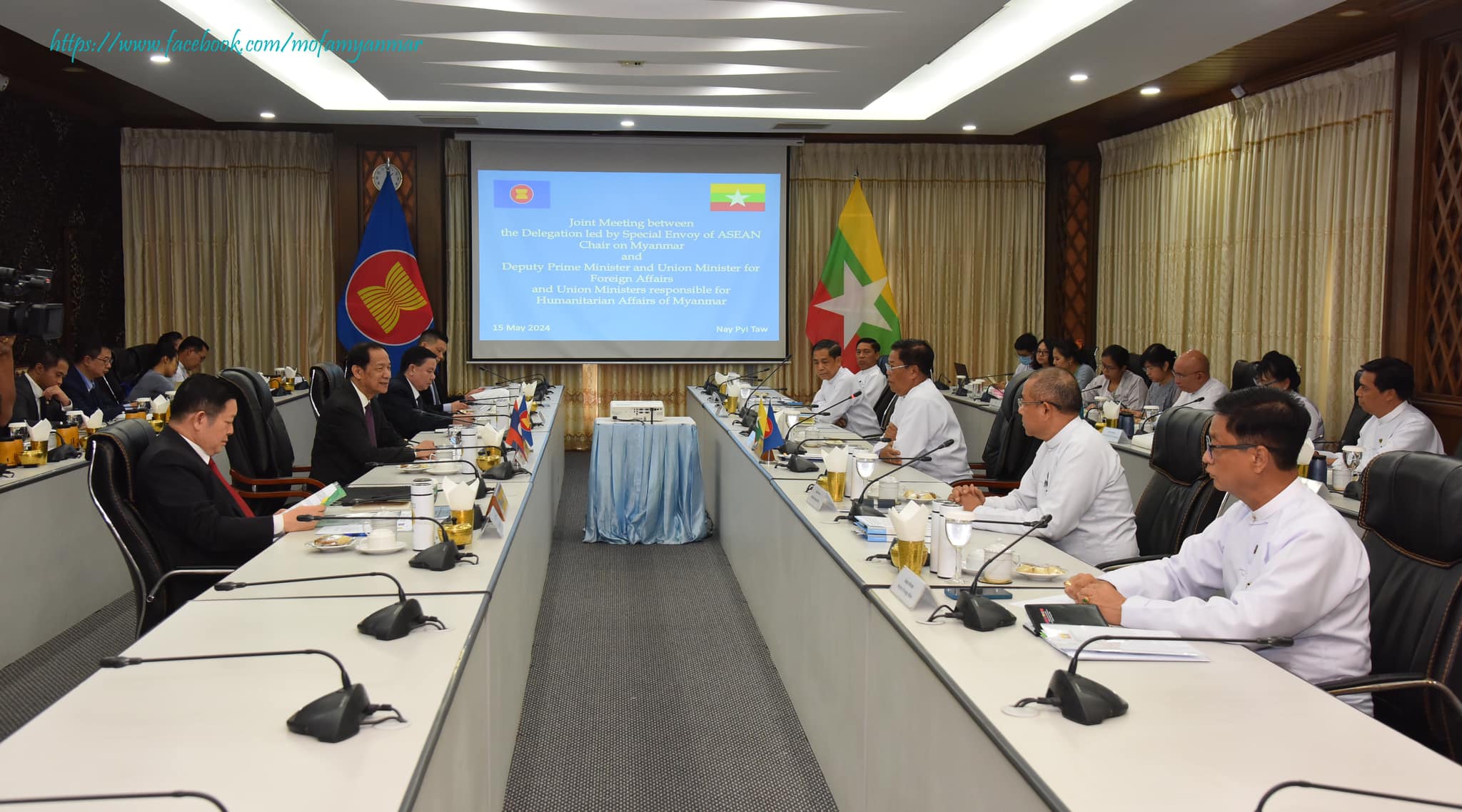 Joint Meeting between Myanmar Delegation led by Deputy Prime Minister and Union Minister for Foreign Affairs and Delegation led by Special Envoy of ASEAN Chair on Myanmar held in Nay Pyi Taw (15-5-2024)