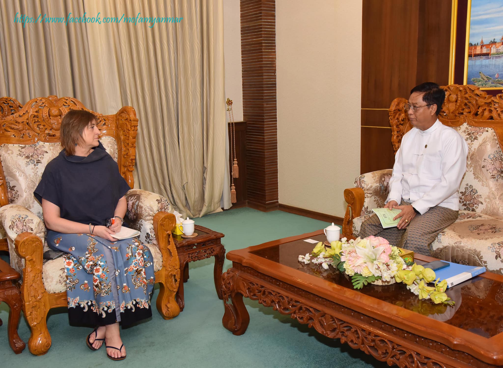 U Lwin Oo, Deputy Minister for Foreign Affairs receives Ms. Elena Ajmone Sessera, Resident Representative of the International Committee of the Red Cross (7-5-2024)